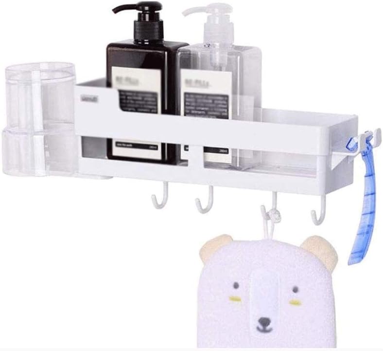 Bathroom Corner Shelf,Wall-Mounted Drain Rack,Adhesive Shower Caddy with 4 Hooks,Bath Storage Holder Basket Kitchen Storage Organizer No Drilling