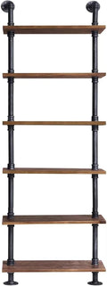 Industrial Wall Mounted Pipe Shelf 24inch Width Rustic Storage Wooden Shelves Vintage 6 Layers Book Shelf for Home Decor Office Living Room Bathroom Kitchen 79inch Height