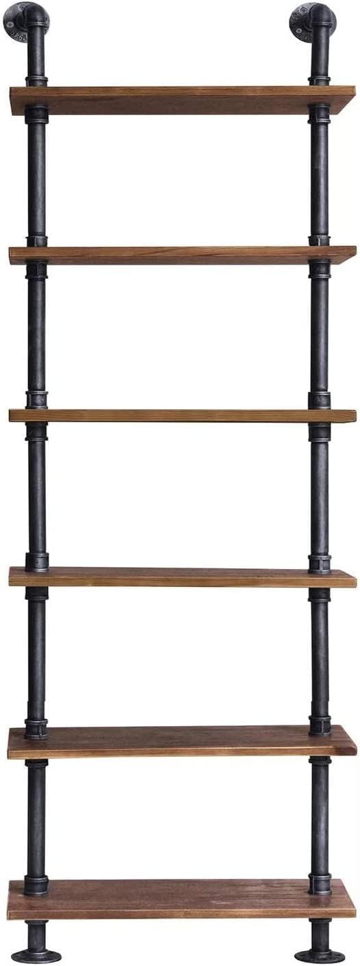 Industrial Wall Mounted Pipe Shelf 24inch Width Rustic Storage Wooden Shelves Vintage 6 Layers Book Shelf for Home Decor Office Living Room Bathroom Kitchen 79inch Height