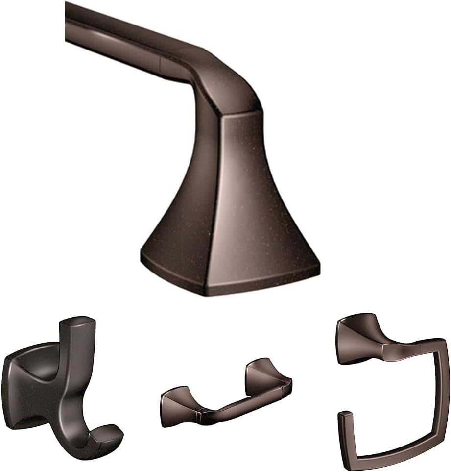 Moen Voss Oil Rubbed Bronze Accessories Bundle Featuring Transitional 24-Inch Bathroom Towel Bar, Double Robe Hook, Wall Mounted Double Post Pivoting Toilet Paper Holder, and Bathroom Hand-Towel Ring