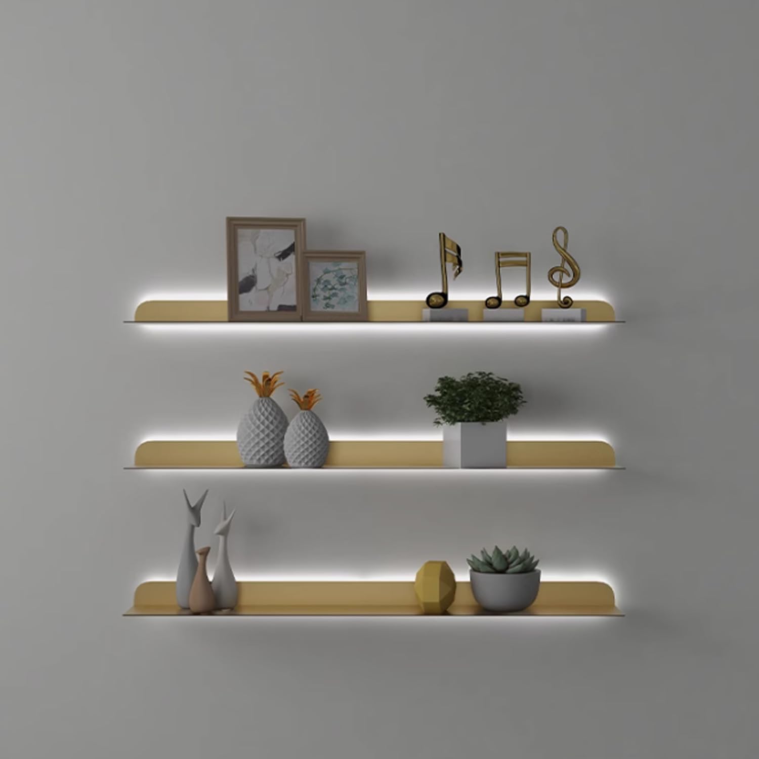 Versatile Floating Shelves, Display Shelf Wall Mounted with Magnetic Light Strip, Metal Bookshelf, Wall Decor and Organizer for Bathroom, for Bedroom, Living Room, Kitchen, Corner (A 80CM)