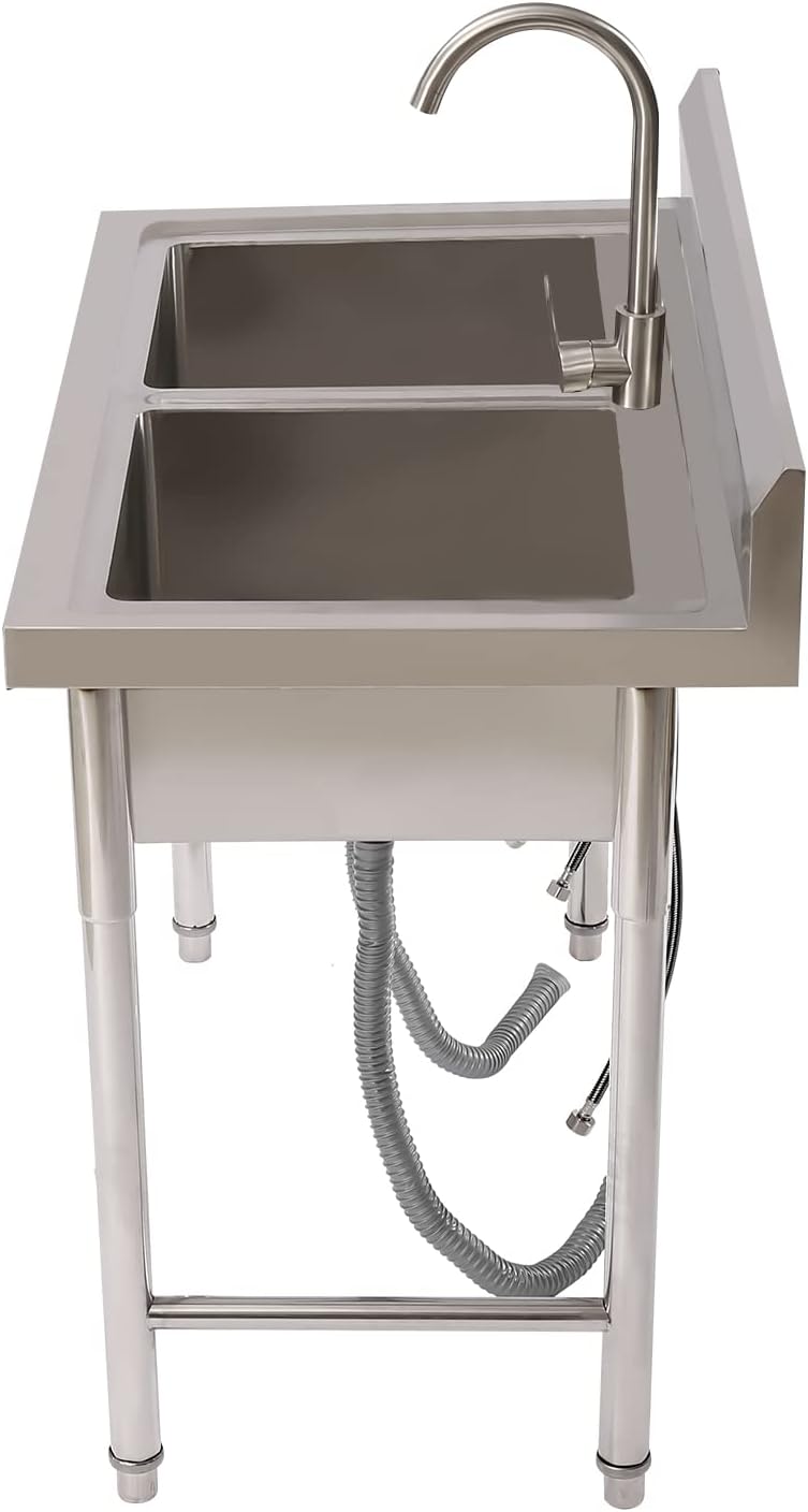 Stainless Steel Sink 2 Compartment Commercial Utility Sink Free Standing Kitchen Sinks with Cold and Hot Water Faucets for Kitchens, Garage, Laundry Room (39.4'W× 23.6'D× 37.4'H)