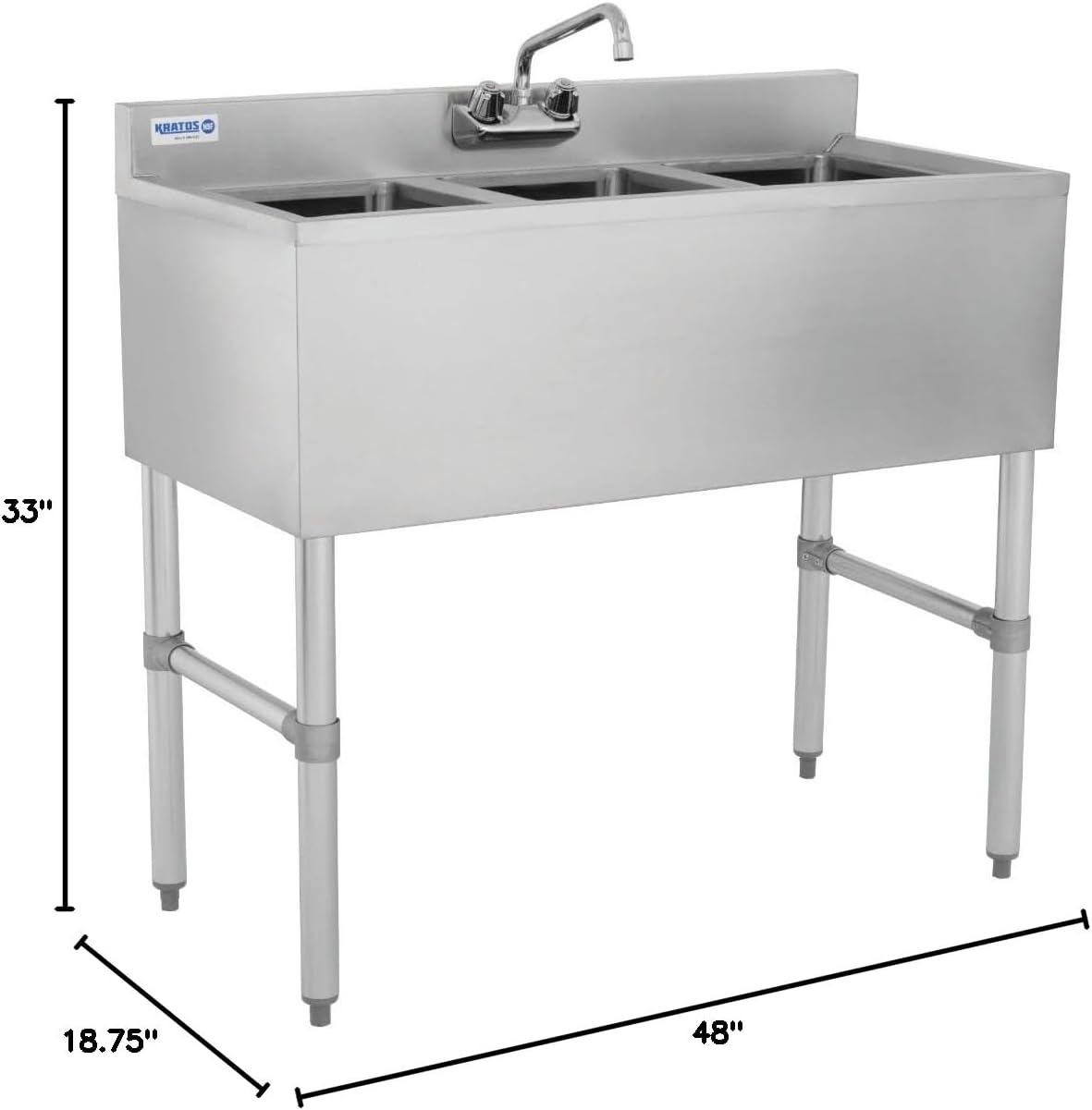 Kratos Commercial Restaurant Sink, 3 Bowl Underbar Compartment Sink w/Faucet and Left Drainboard - 48'x18.75' (29N-119)