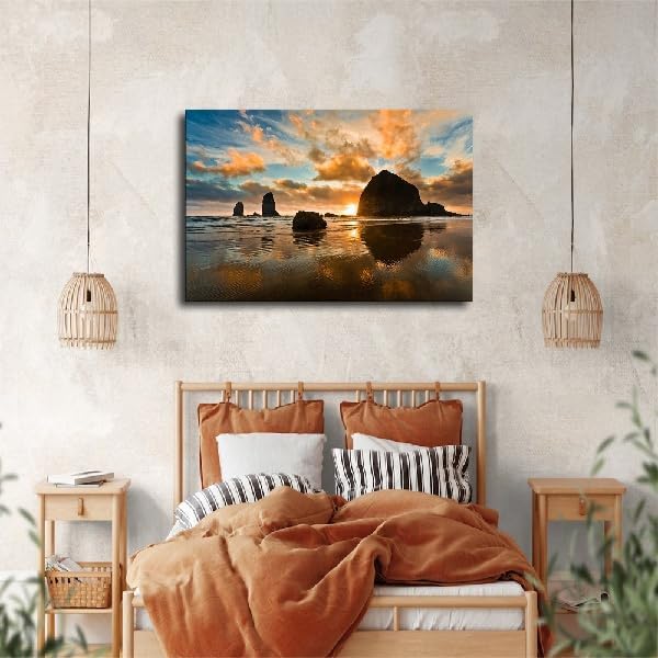 Oregon Coast Haystack Rock Cannon Beach Sunset Poster Decorative Painting Canvas Wall Art Living Room Bedroom (Frame 24in*36in)