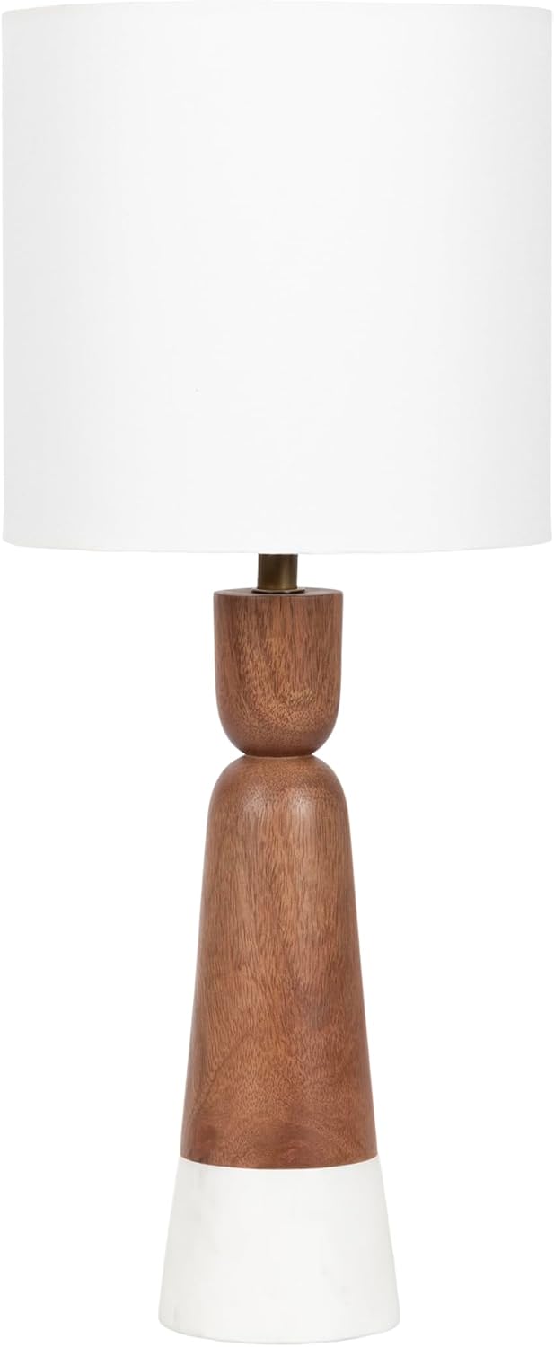 Kate and Laurel Deori Modern Mango Wood and Marble Bedside Table Lamp, 8 x 8 x 20, Walnut Brown and White Marble, Decorative Tapered Hourglass Tabletop Desk Lamp with Linen Shade for Living Room Decor