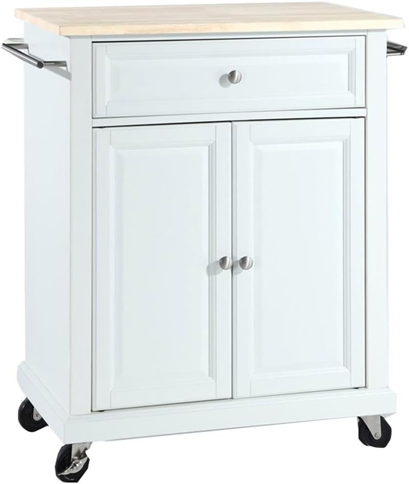 Pemberly Row Traditional Wood Kitchen Cart, 1-Drawer, 2-Door, White and Natural Finish, 35.5' H x 28.25' W x 18' D, Adjustable Shelf, Storage Drawer, Towel Bars, Brushed Nickel Hardware