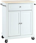 Pemberly Row Traditional Wood Kitchen Cart, 1-Drawer, 2-Door, White and Natural Finish, 35.5' H x 28.25' W x 18' D, Adjustable Shelf, Storage Drawer, Towel Bars, Brushed Nickel Hardware