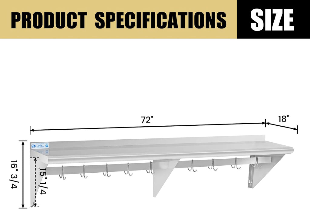 Hally Stainless Steel Shelf with 9 Hooks 18' x 72' Wall Mounted Pot Rack 500lb, NSF Commercial Floating Shelving for Storage Hanging Pots, Pans, cookware in Restaurant, Kitchen, Home and Hotel
