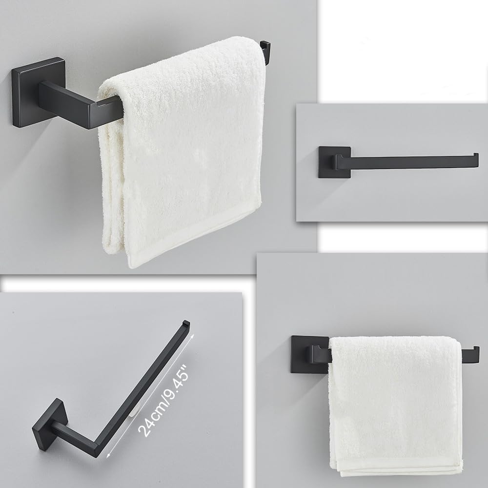 Black Bathroom 40cm Accessories Set Wall-Mount Stainless Steel Towel Bar Rack Toilet Roll Paper Holder Robe Hook Hanger Hardware,Double Towel Bar 40