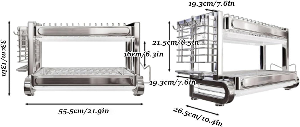 304 Stainless Steel Draining Rack,Kitchen Storage,Household Multifunctional Bowl,Suitable for Sink countertops, for(Grey 55cm/21.9in,Double Layer)