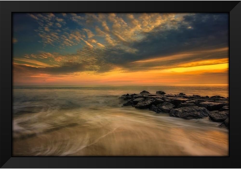 ArtDirect New Jersey-Cape May National Seashore Sunset on ocean and rocks 48x32 Huge Black Modern Wood Framed Canvas Giclee Art by Jaynes Gallery