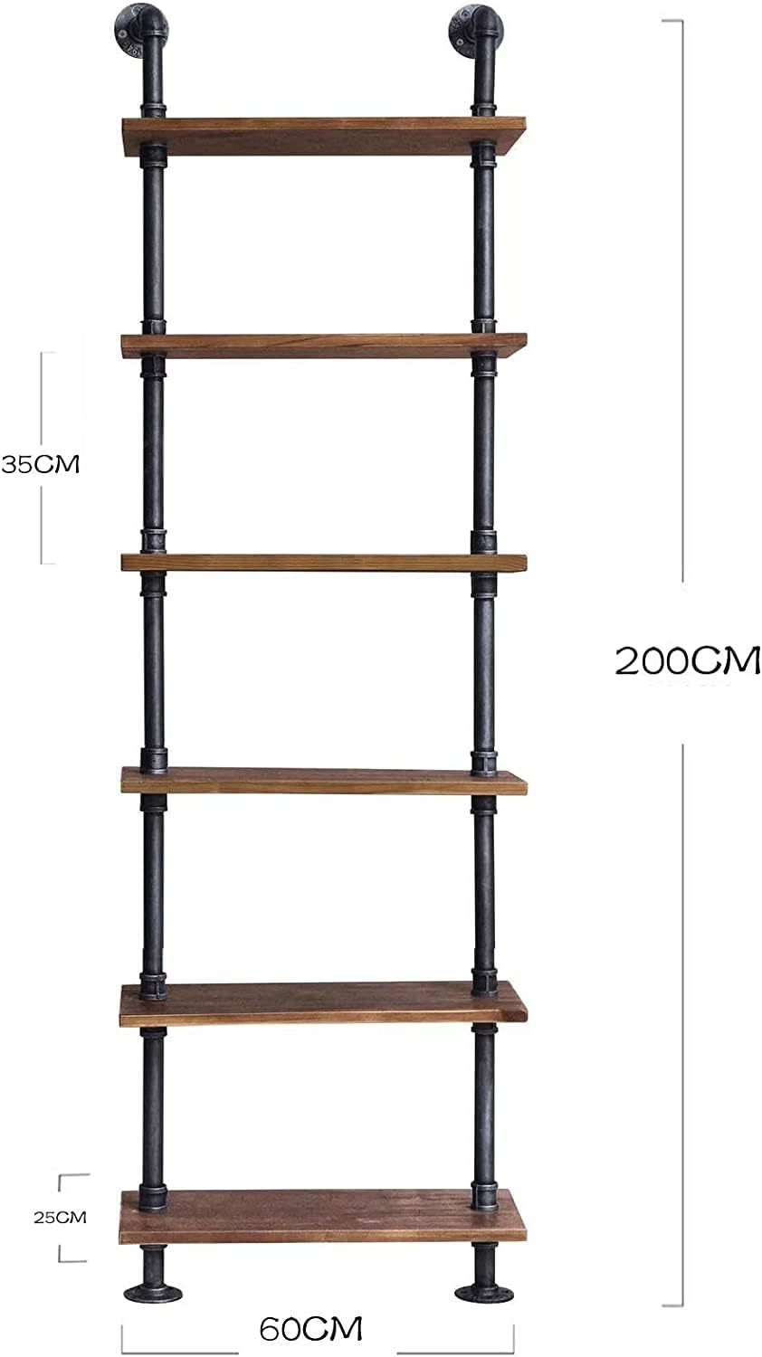Industrial Wall Mounted Pipe Shelf 24inch Width Rustic Storage Wooden Shelves Vintage 6 Layers Book Shelf for Home Decor Office Living Room Bathroom Kitchen 79inch Height