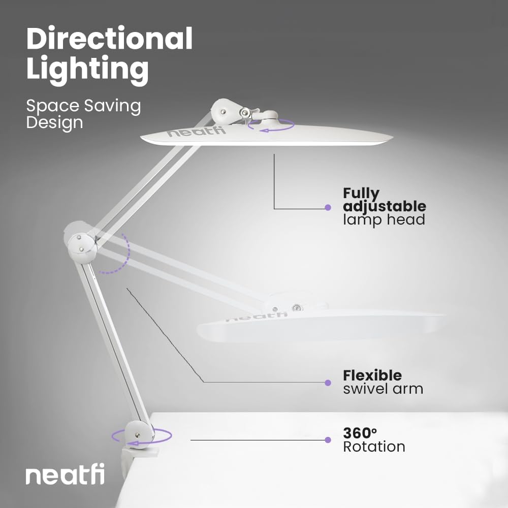 Neatfi XL 2200 Lumens 20W LED Desk Lamp with Clamp – Adjustable Color Temperature | 4-Level Dimmable Light | Home Office, Crafts & Workbench | 20-Inch Wide Head (White, CCT with Clamp)