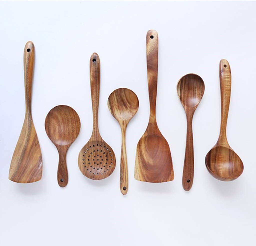 7PCs Kitchen Cooking Utensil Set Natural Wood Tableware Rice Colander Soup Skimmer Cooking Kitchenware Set Kitchen Accessories