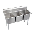 Elkay Foodservice 3 Compartment Sink, 63'X29.75' OA, 36' Working Height, 18X24 Bowl, 14 Deep, 9.75' Backsplash, No Drainboards, 8' On Center Faucet Hole, Galvinized Legs, Adjustable Feet, 16 Gauge 300 Series Stainless Steel, NSF Certified