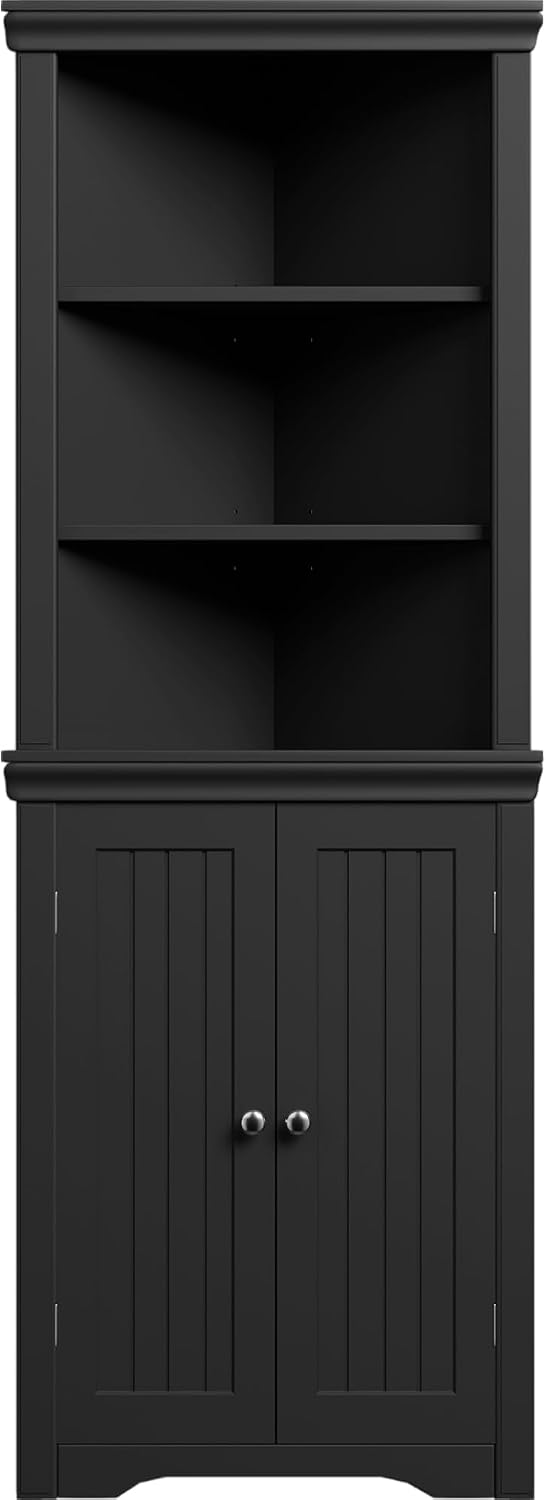 Furmax 62' Corner Cabinet, Bathroom Storage Cabinet with 6 Adjustable Shelves & 2 Doors, Freestanding Corner Shelf for Living Room, Bathroom, Kitchen (Black)