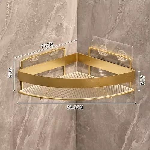 Adhesive Floating Shower Shelves - Wall Mounted Corner Organizer, No Drill Acrylic Caddy with Metal Fence, Stylish Black/Gold for Bathroom Storage Solutions