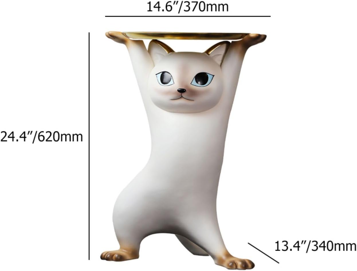homary Whimsical Cat Statue, Animal Side Table with Gold Tray, Resin Figurine Accent Table for Living Room, Bedroom, or Entryway