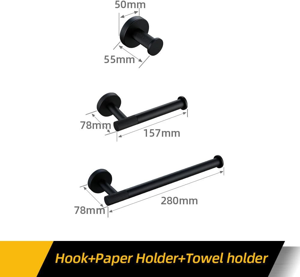 Modern Matte Black Bathroom Hardware Set with Brass Knurled Design Towel Bar Bath Robe Hook Shelf and Toilet Paper Tissue Holder Stylish and Functional Accessories for Your Bathroo