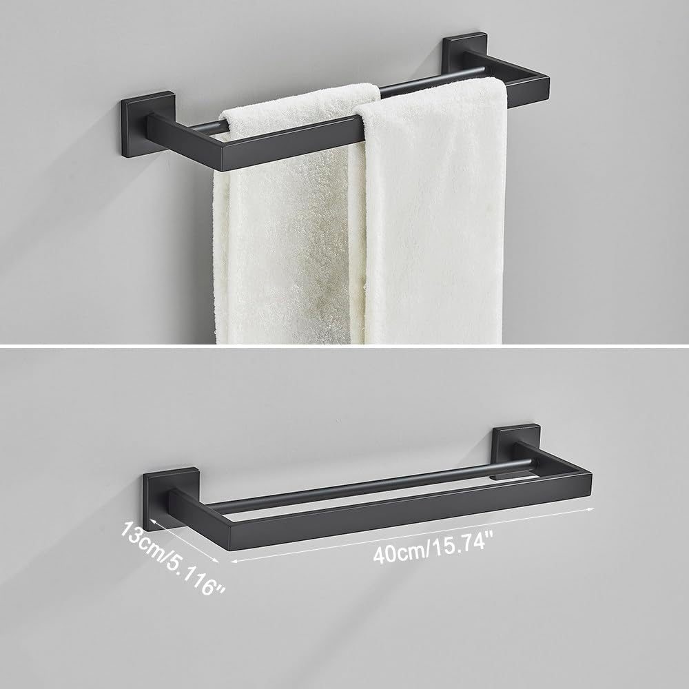 Black Bathroom 40cm Accessories Set Wall-Mount Stainless Steel Towel Bar Rack Toilet Roll Paper Holder Robe Hook Hanger Hardware,Double Towel Bar 40