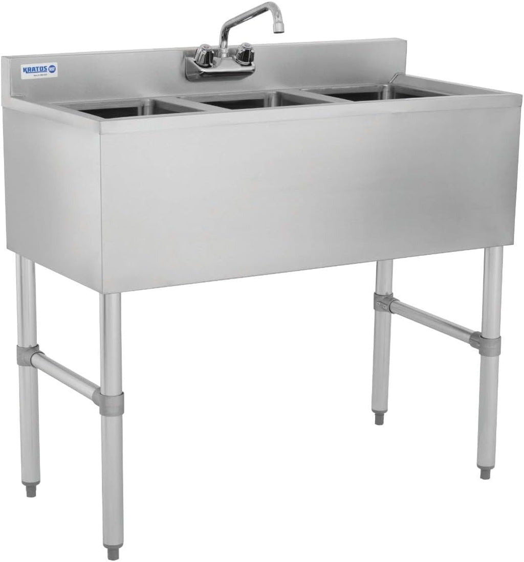 Kratos Commercial Restaurant Sink, 3 Bowl Underbar Compartment Sink w/Faucet and 2 Drainboards - 60'x18.75' (29N-121)