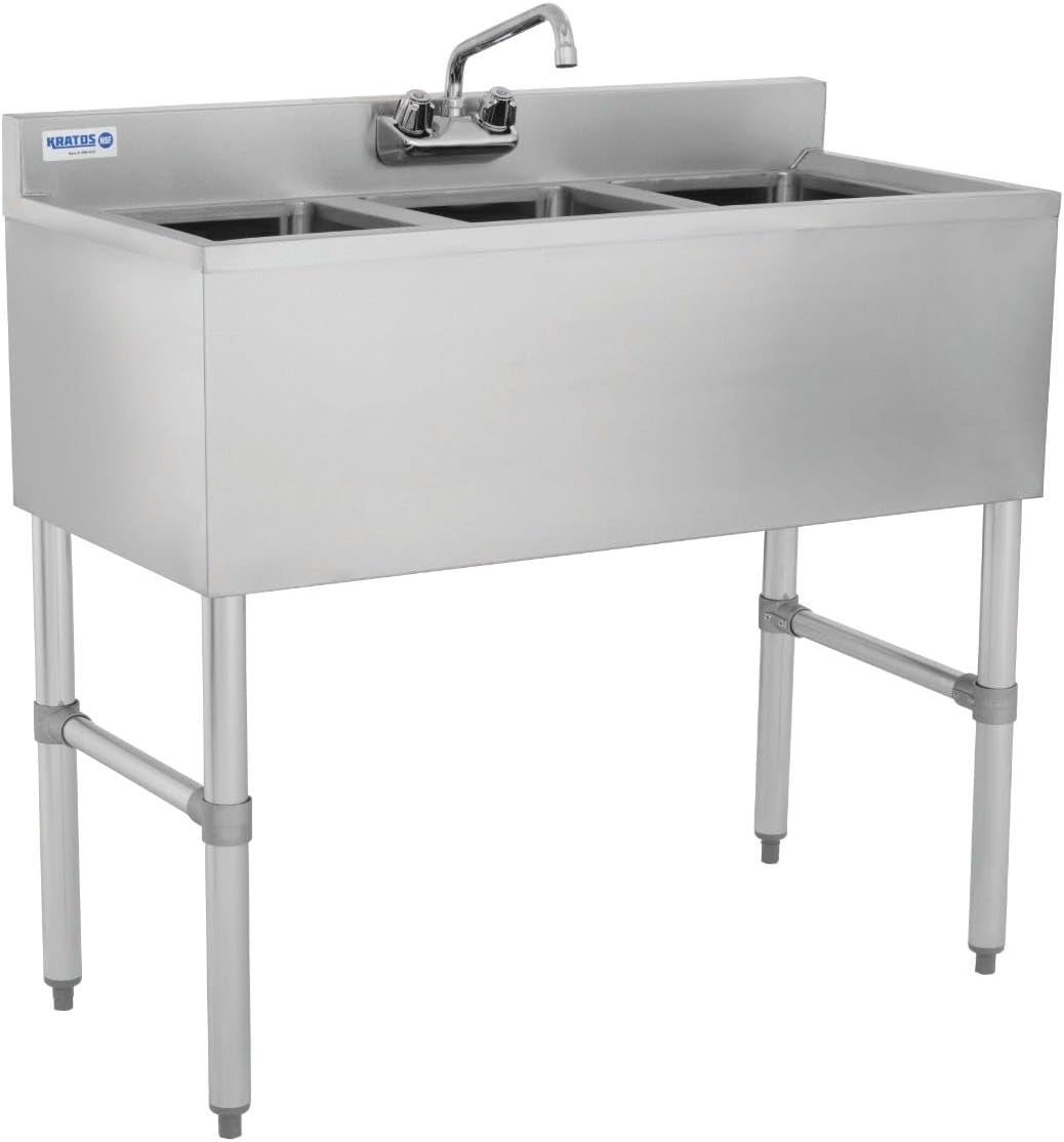 Kratos Commercial Restaurant Sink, 3 Bowl Underbar Compartment Sink w/Faucet and 2 Drainboards - 60'x18.75' (29N-121)