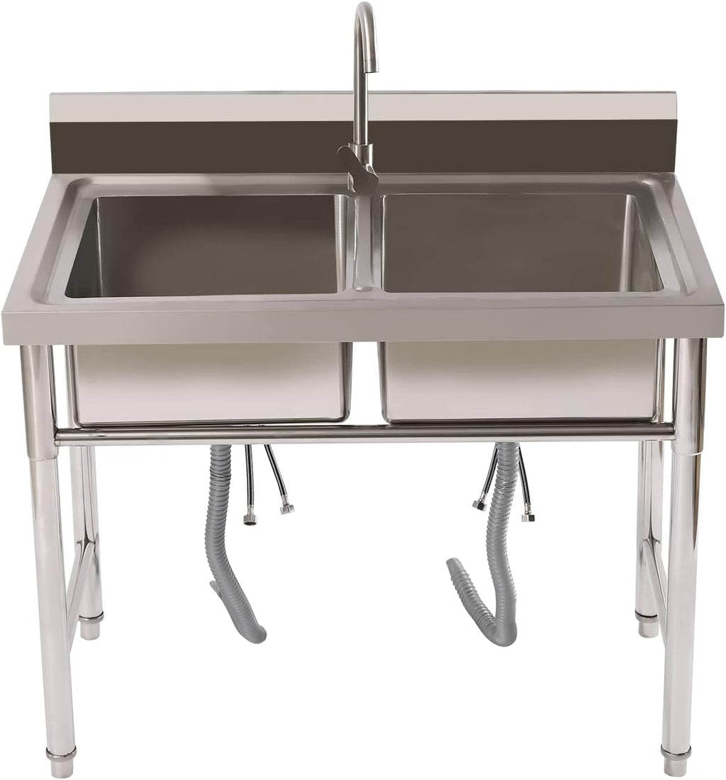 Stainless Steel Sink 2 Compartment Commercial Utility Sink Free Standing Kitchen Sinks with Cold and Hot Water Faucets for Kitchens, Garage, Laundry Room (39.4'W× 23.6'D× 37.4'H)