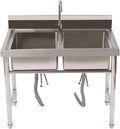 Stainless Steel Sink 2 Compartment Commercial Utility Sink Free Standing Kitchen Sinks with Cold and Hot Water Faucets for Kitchens, Garage, Laundry Room (39.4'W× 23.6'D× 37.4'H)