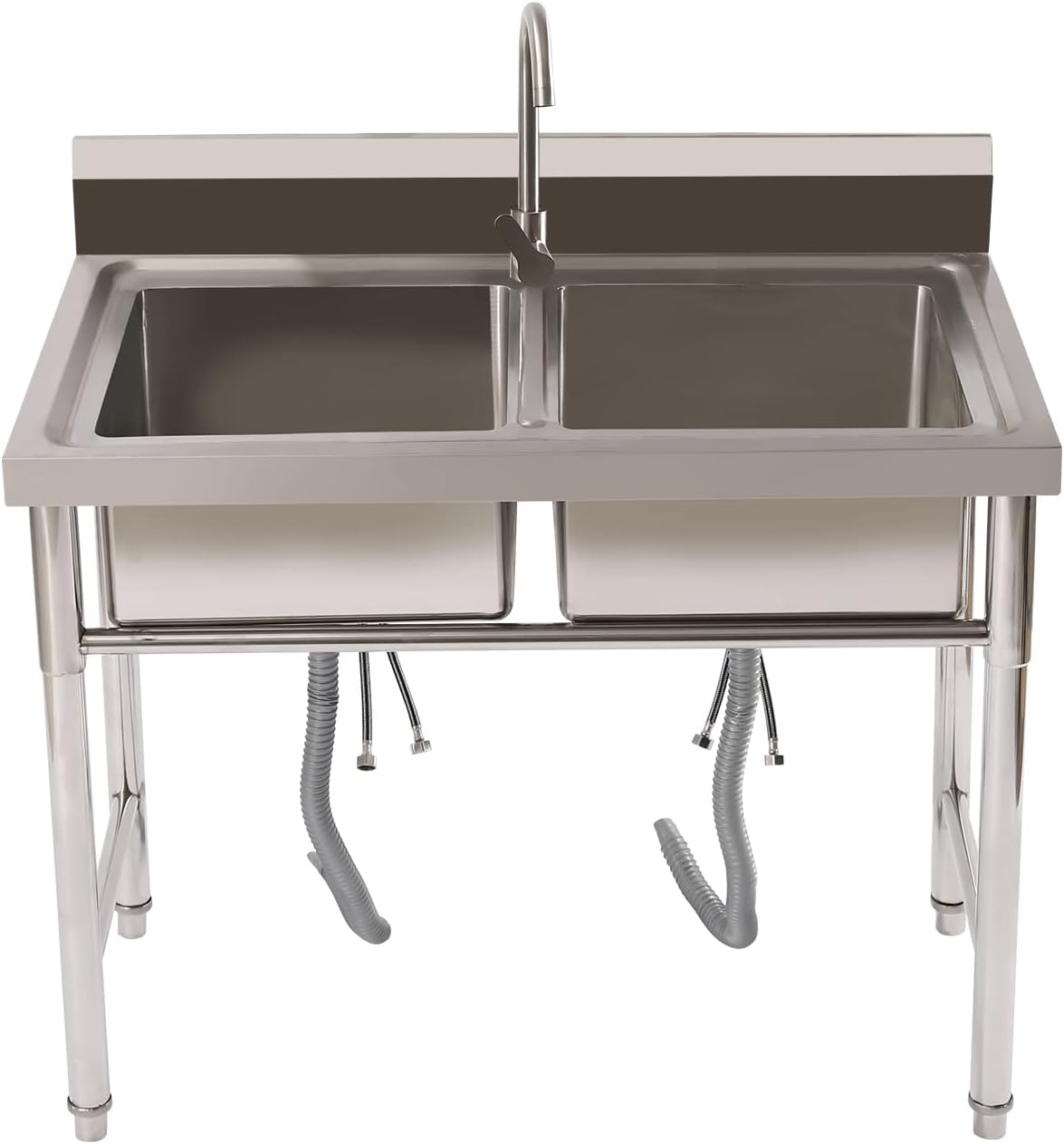 Stainless Steel Sink 2 Compartment Commercial Utility Sink Free Standing Kitchen Sinks with Cold and Hot Water Faucets for Kitchens, Garage, Laundry Room (39.4'W× 23.6'D× 37.4'H)