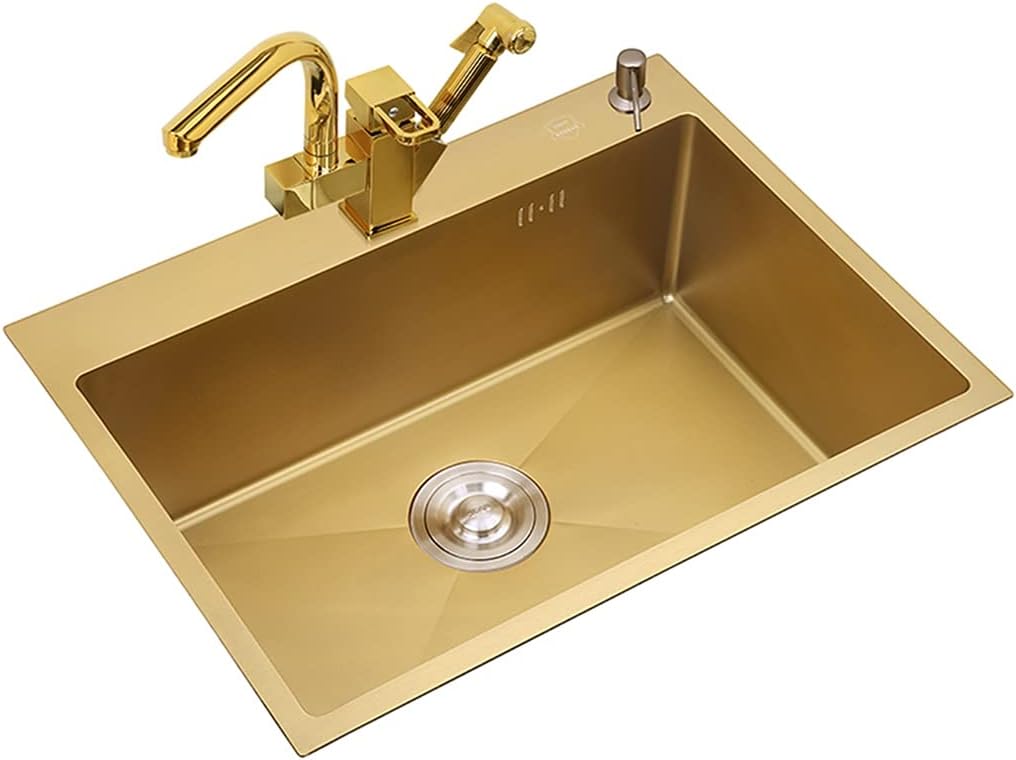 KITCHEN SINK Gold Single Bowl Sink Drop-in Or Undermount with Multi-functional Pull-Out Faucet and Installation Kit Suitable for Kitchen Or Bar (Color : Gold, Size : 45×40×21cm) (Gold 45×40×21cm)