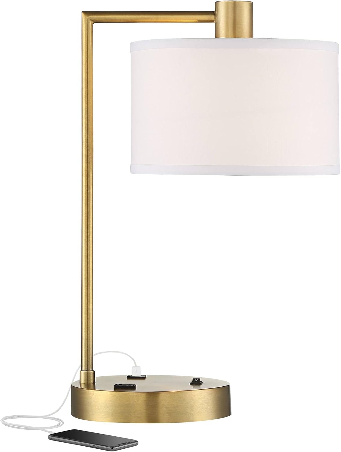 360 Lighting Colby 21' High Modern Accent Table Lamp with USB Charging Ports A+C and AC Power Outlet in Base Brass White Linen Drum Shade for Bedroom Living Room House Home Desk Bedside Nightstand