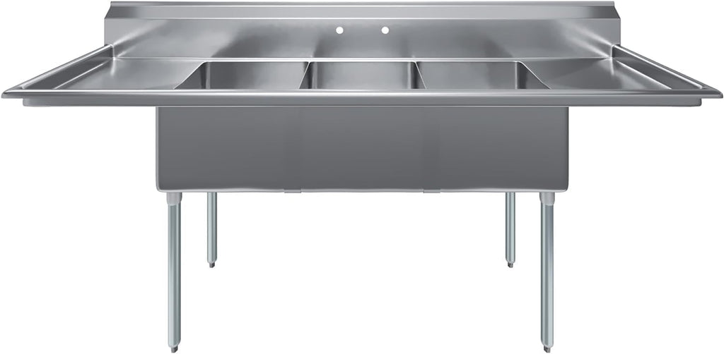 Three Compartment Stainless Steel Commercial Kitchen Prep & Utility Sink | Bowl Size 18' x 18' X 12' | NSF Certified (Left and Right Drainboards)