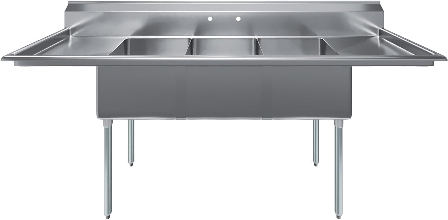Three Compartment Stainless Steel Commercial Kitchen Prep & Utility Sink | Bowl Size 18' x 18' X 12' | NSF Certified (Left and Right Drainboards)