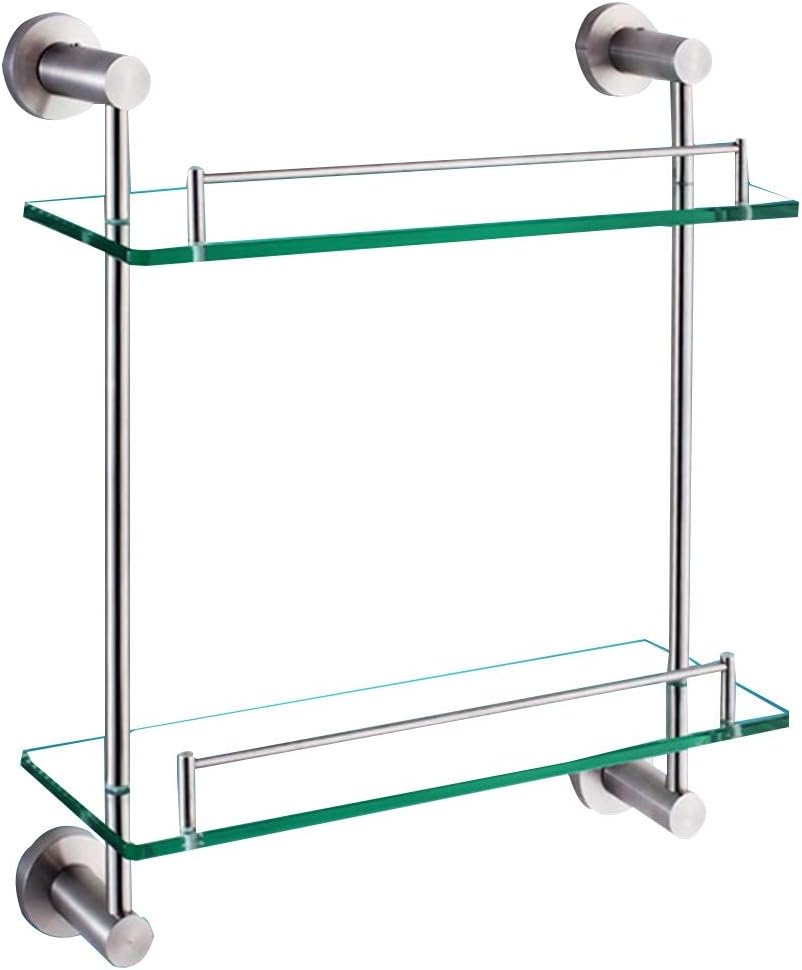 Shower Organiser Tempered Glass Stainless Steel 2 Tiers Guardrail Wall-Mounted Good Gloss (Color : Silver, Size : 39.5x13x42cm)