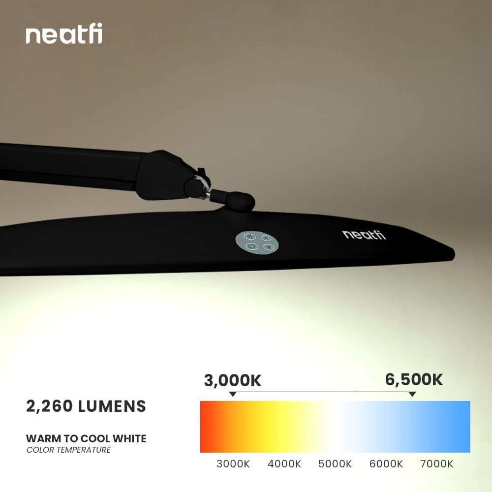 Neatfi XL LED Desk Lamp | 20-Inch Wide Head (Black-2, CCT with Clamp)