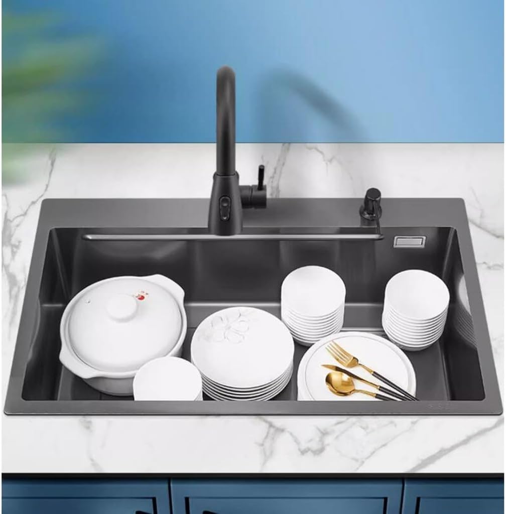 Single Bowl Stainless Steel Overmount Sink Large Size Single Bowl Sink Kitchen Multifunctional Vegetable Sink Embedded Siphon Sink (75 * 46 * 22Cm
