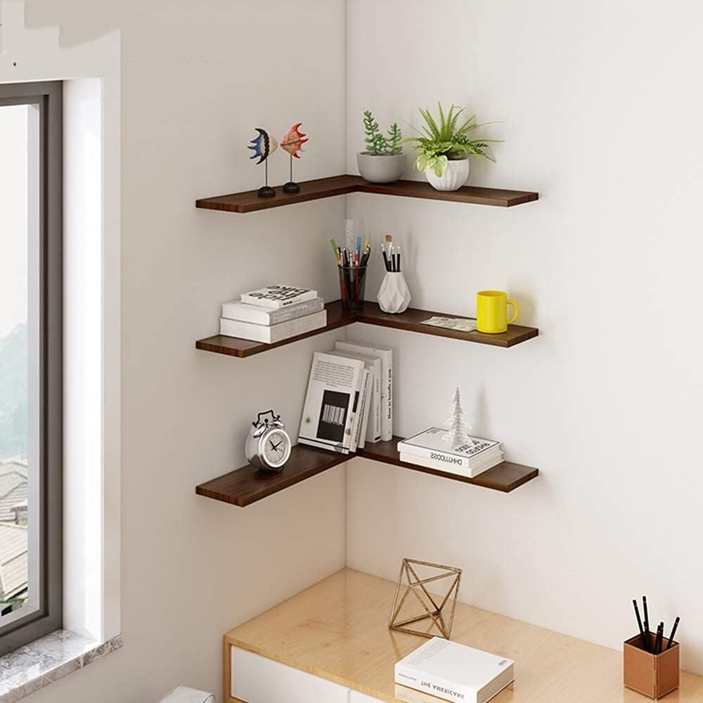 Floating Corner Shelves Wall Mounted Storage Display Decorative Rack for Kitchen Bedroom Living Room Office/Walnut Color/60X60Cm (Walnut Color 45X45Cm)