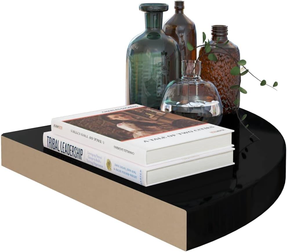 4pcs Floating Corner Shelves, Wall Mounted Corner Storage Display Shelving for Bathroom, Bedroom, Living Room, Kitchen, High Gloss Black 13.8'x13.8'x1.5' MDF -AA