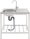 Free Standing Stainless Steel Commercial Sink Set, 47 Inch Double Bowl Utility Sink with Triple Storage Shelves, Worktable, Faucet & Drainboard for Restaurant Kitchen Laundry Garage