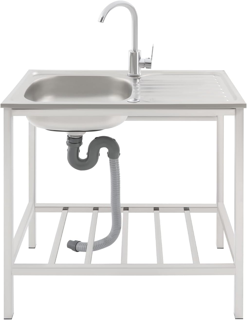 Free Standing Stainless Steel Commercial Sink Set, 47 Inch Double Bowl Utility Sink with Triple Storage Shelves, Worktable, Faucet & Drainboard for Restaurant Kitchen Laundry Garage