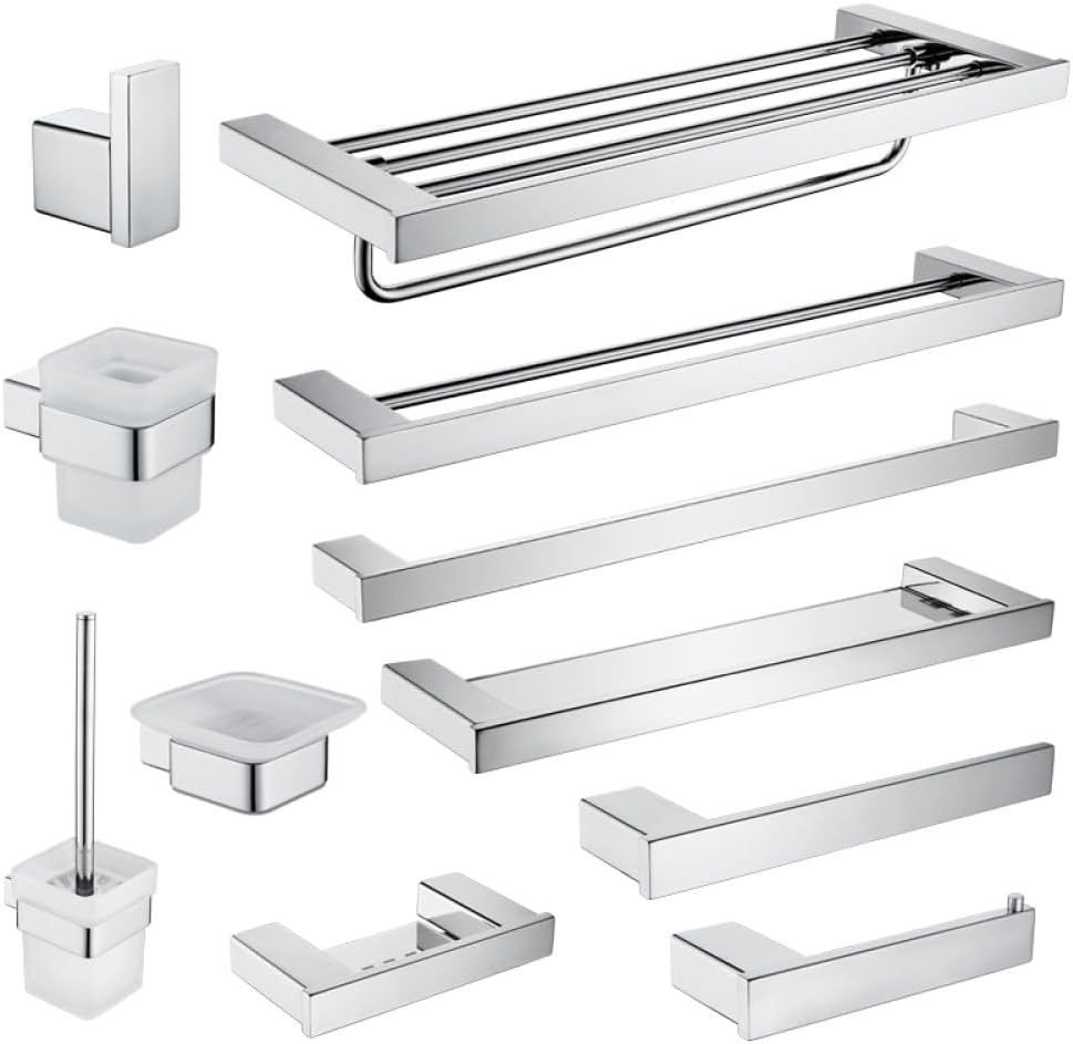 Stainless Steel Chrome Polished Towel Rack Toilet Brush Holder Wall Mounted Paper Holder Towel Bar Hook Bathroom Accessories,Whole Set