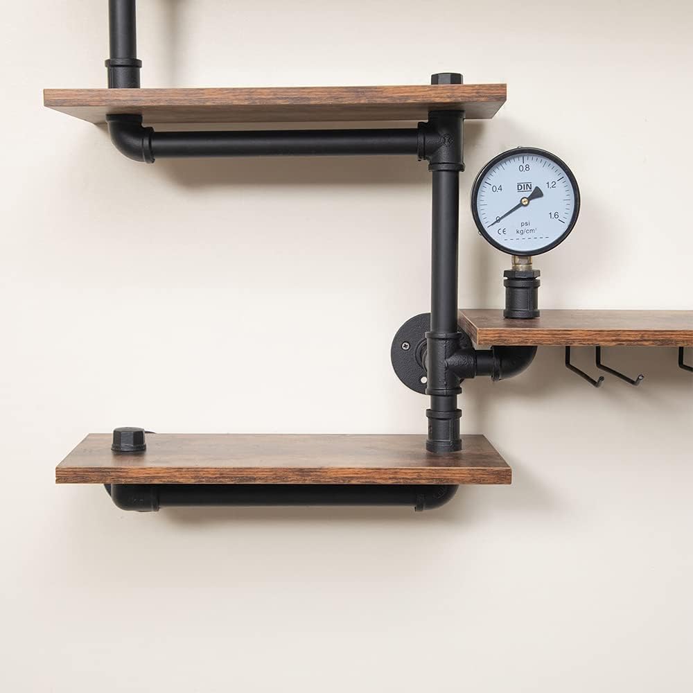 Industrial Pipe Shelves Wine Rack Wall Mounted with 4 Stem Glass Holder,Bar Shelves 39in Metal Hanging Wine Rack, Rustic Floating Pipe Shelf, Living Room Kitchen Decor Display Rack
