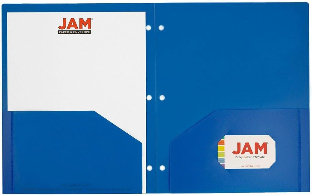 JAM PAPER Heavy Duty Plastic 3 Hole Punch Pocket Folders - Extra Tough School Folders - Blue - Bulk 144/Box