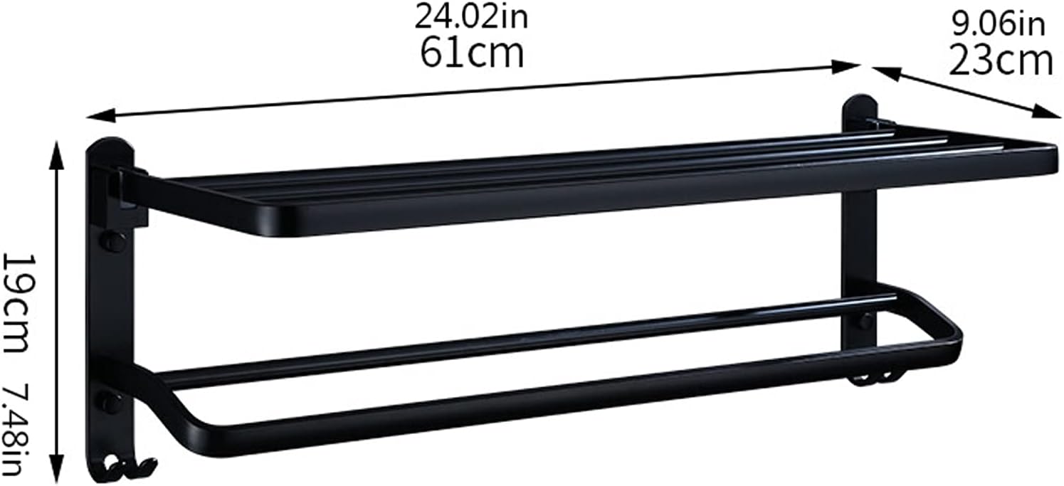 Bathroom Shelf Wall Floating Bathroom 24 Inch Bathroom Shelves Bathroom Shelf Double Towel Bar Holder with Hooks Wall Mounted Multifunctional Foldable No Drilling Floating Shelves Corner Shower Caddy