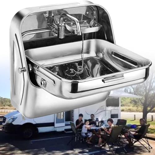 RV Wall-Mounted Sink,Stainless Steel Folding RV Sink, Square Single Bowl Sink, Hand Wash Basin Sink with Cold Water Faucet, Wall Mounting Hand Wash Basin Si(
