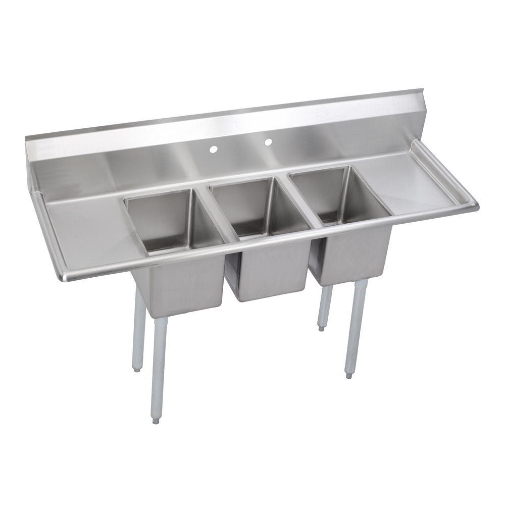 Elkay Foodservice 3 Compartment Sink, 64'X21.75' OA, 36' Working Height, 12X16 Bowl, 10 Deep, 10.75' Backsplash, Left & Right 12 Drainboards, 8' On Center Faucet Hole, Galvinized Legs, Adjustable Feet, 16 Gauge 300 Series Stainless Steel, NSF Certified