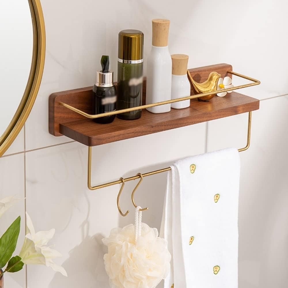 Floating Corner Shower Shelf Wall Mounted Solid Wood nizer Rack for Bathroom Storage Nail Free Bathtub Shelf Multifunctional Towel & Shampoo Holderr 30Cm (45Cm with Rod)