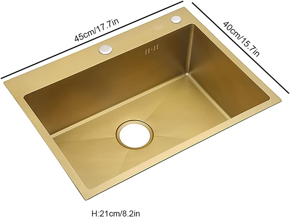 KITCHEN SINK Gold Single Bowl Sink Drop-in Or Undermount with Multi-functional Pull-Out Faucet and Installation Kit Suitable for Kitchen Or Bar (Color : Gold, Size : 45×40×21cm) (Gold 45×40×21cm)