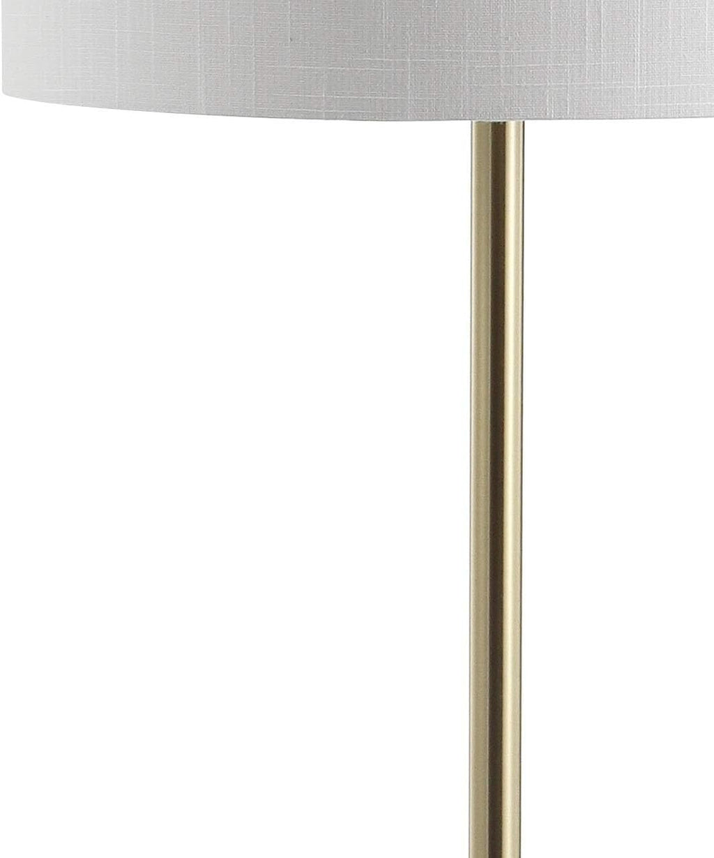JONATHAN Y 59' Black/Brass Gold Floor Lamp with Integrated Wood Side Table, Contemporary Metal Standing Lamp for Living Room, White Linen Shade, LED Bulb Included, UL Listed JYL3056A