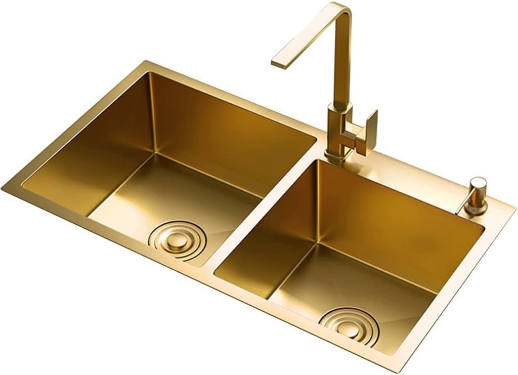 Large Gold Double Bowl Bar Prep Sink Home 304 Stainless Steel Kitchen Sink RV Sink Drop-in Or Undermount (Color : Gold-1, Size : 80x45x22cm) (Gold3 82x45x22cm)